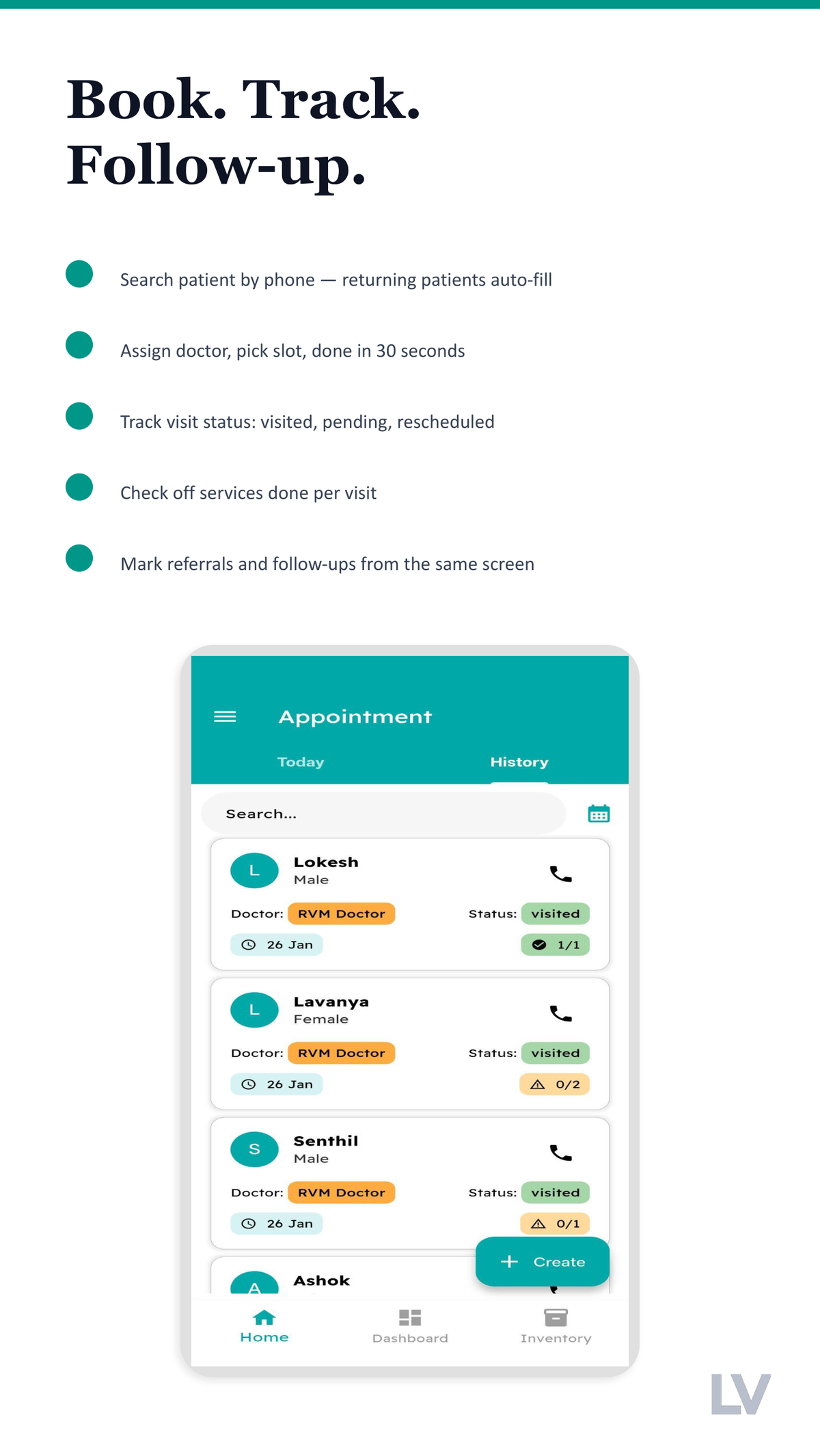 Clinic Management App - Appointment booking and patient tracking screen